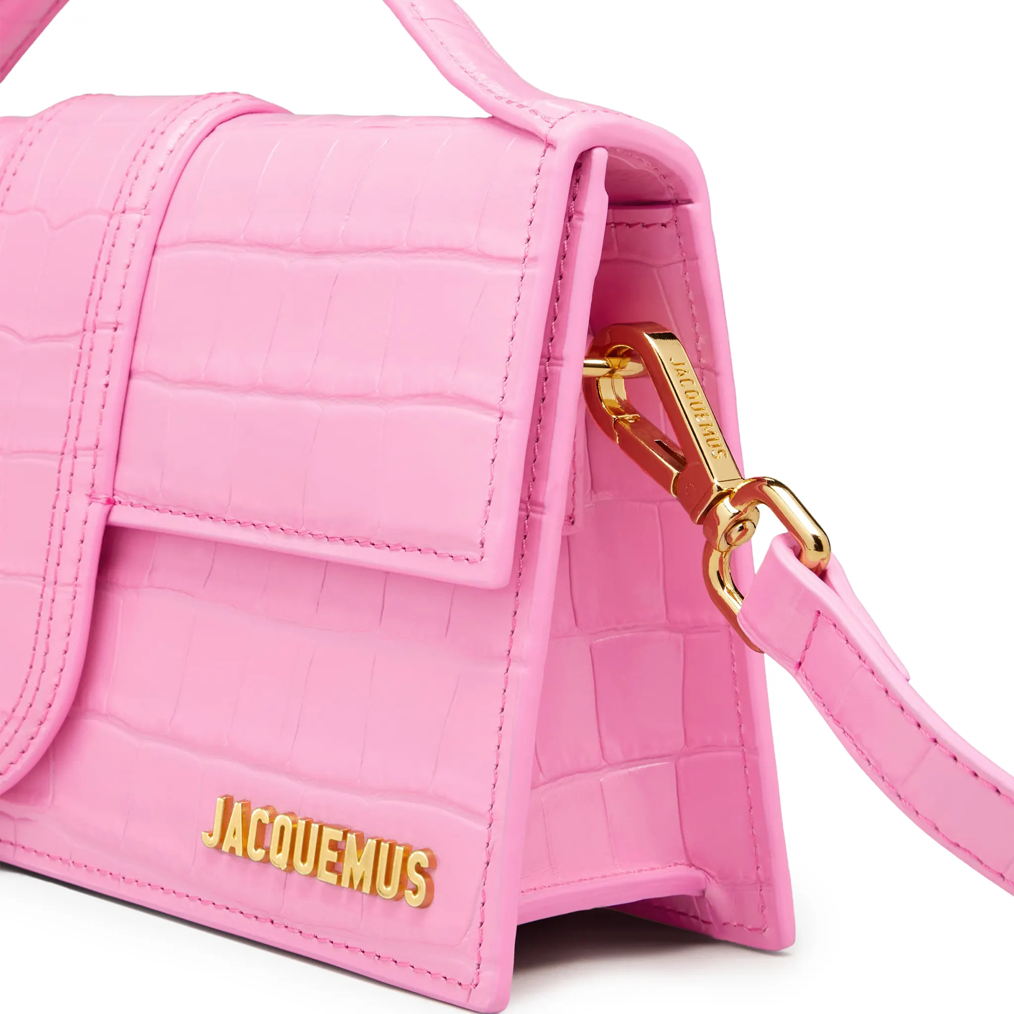 Side View of Jacquemus Large Bambino Pink Crocodile Crossbody Bag 13BA007-3101-430